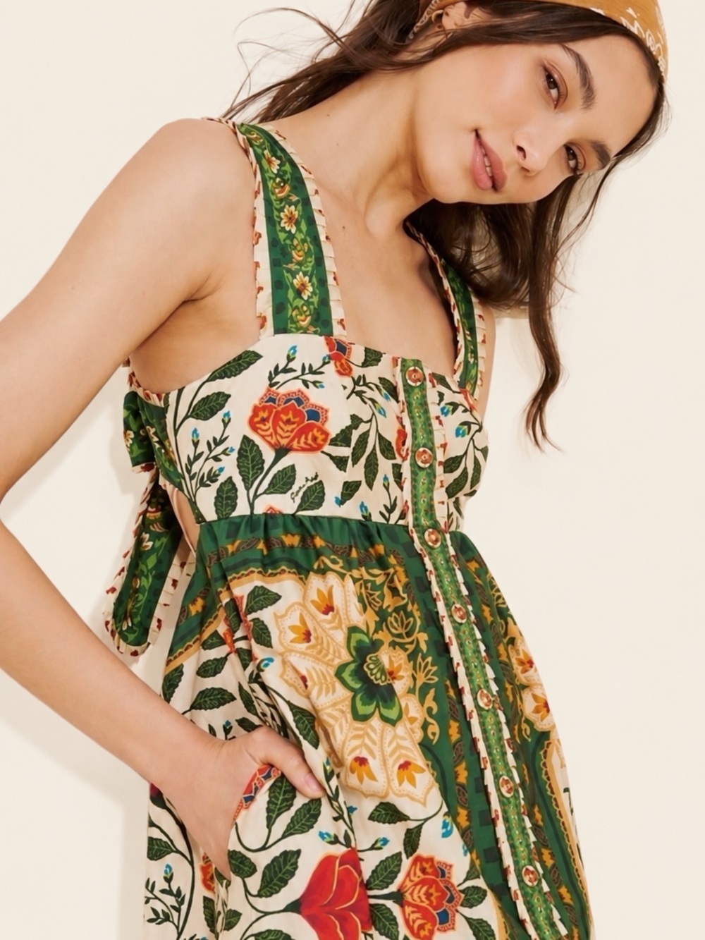 FARM Rio Maxi Dress Cream Green Floral Sand Garden Tapestry Back Bow XS - Picture 6 of 7